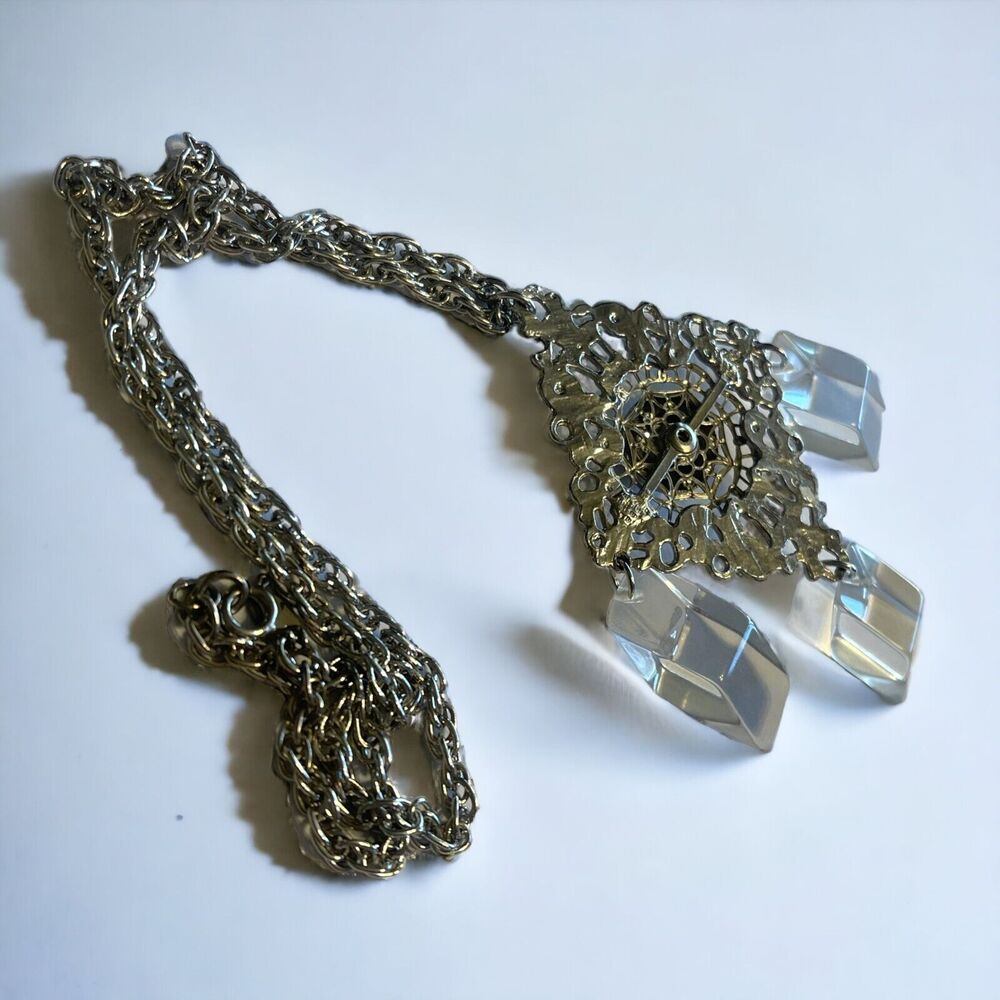 Celebrity NY Company Vintage 70s Statement Necklace Lucite Pendant Silver Tone - Picture 4 of 4
